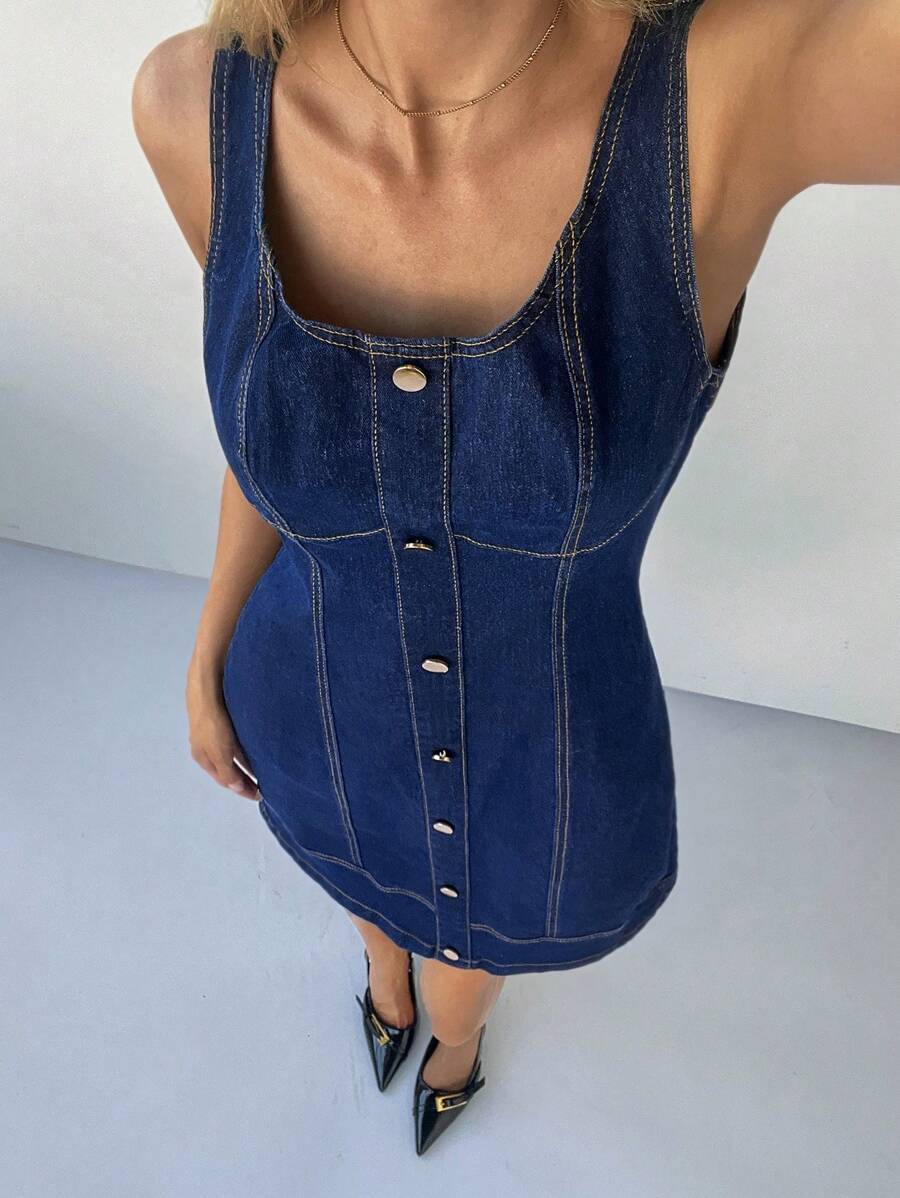 Forever 21 Spring New Square Neck Sleeveless Dark Wash Denim Mini A-Line High Street Casual Denim Dress For Women - Medium Wash - View 1
