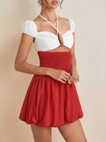 HANNA ALEKSANDRA Designer Halter Neck Smocking Puffball Mini Skirt, Concert Outfit