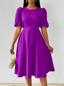 Lunelith SHEIN Lunessa Long Puff Sleeve V-Neck Gathered Waist Flared Hem Green Dress, For Spring & Summer - Violet Purple - View 7