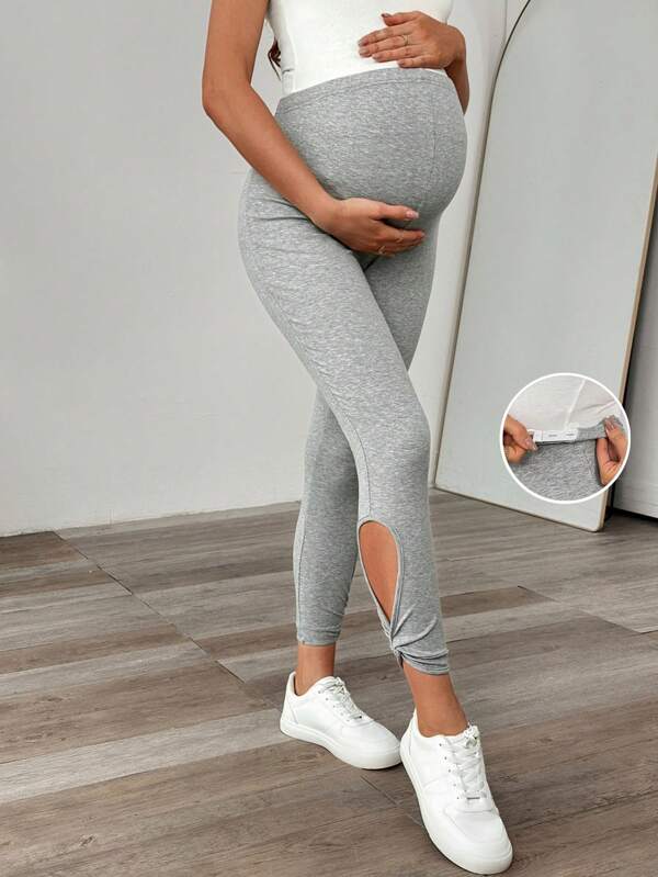 SHEIN Mutterschafts Leggings in Unifarben, taillierter Schnitt, verstellbare Taille, lässiger Stil mit Ausschnitten