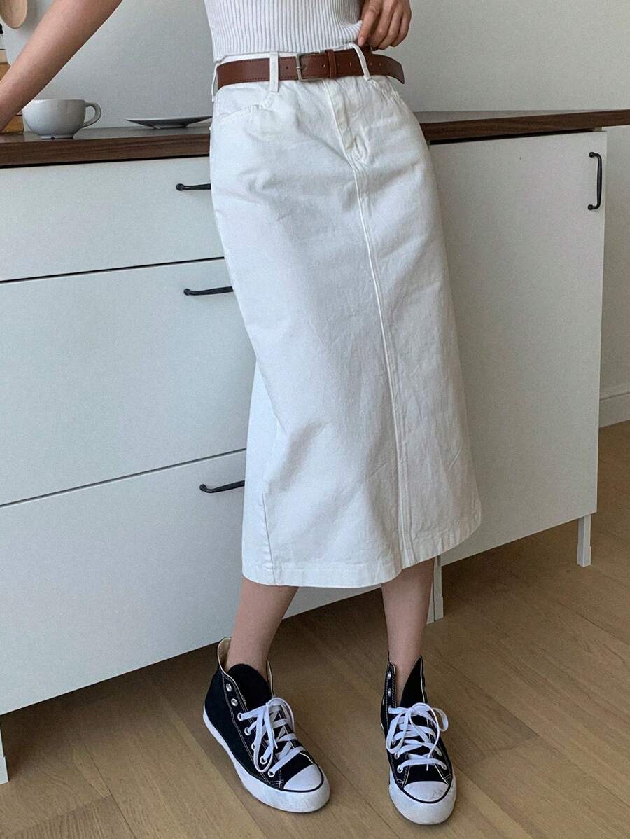 DAZY 高腰直筒裙（无腰带）,铅笔裙 - 白色 - 查看 1