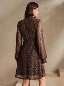 Anewsta Women's Floral Lace Stand Collar Long Sleeve Elegant Spring Mini Dress