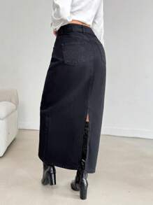 EURMUSE WOMEN LONG SKIRT WASHED BLACK SLIT DETAIL ON BACK - Black - View 2