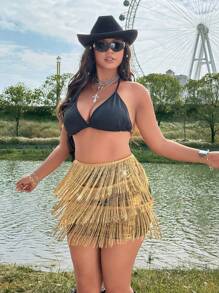 Flirla Minigonna aderente da donna con frange dorate in stile boho hippie cowgirl old money, adatta per primavera/estate, taglie comode