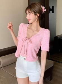 DAZY Conjunto de 2 piezas con top corto con nudo delantero y top tipo camisola para mujeres, primavera/verano