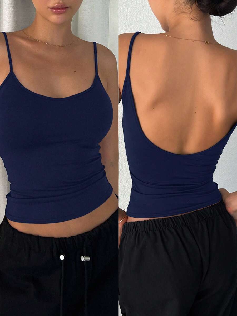 DAZY 1 件女士休闲纯色修身露背吊带背心短款女式上衣 - 藏蓝色 - 查看 1