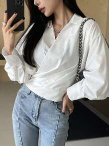 DAZY Solid Color Asymmetrical Collar Long Sleeve Blouse For Women,Fall Clothes - White - View 4