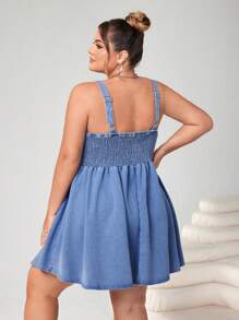 SHEIN CURVE+ 大码女式牛仔无袖迷你连衣裙，甜美茶长，蓝色 - 藍色 - 查看 2