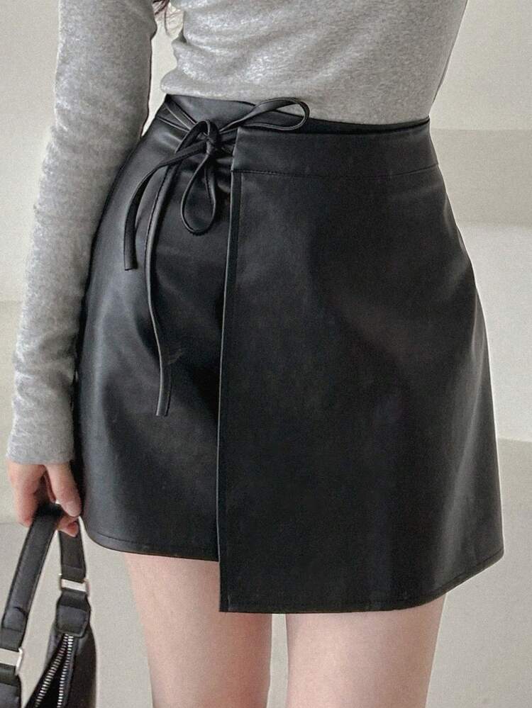 Solid PU Leather Wrap Knot Side Skirt Fall