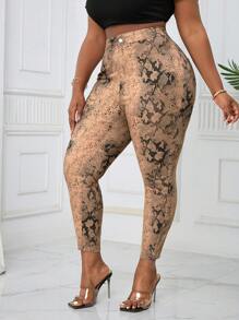 SHEIN EZwear 大码女式蛇纹弹力紧身七分牛仔裤高腰牛仔裤妈妈牛仔裤夏季裤子蛇纹工作服音乐会女装 - 彩色 - 查看 2