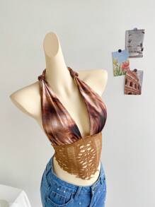 Soleia 女士度假复古扎染地质印花系带前网眼嵌合修身背心，夏季 - 彩色 - 查看 4