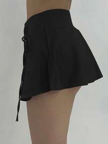 Strévra 女士蝴蝶结装饰百褶迷你裙 Y2k - 黑色 - 查看 5