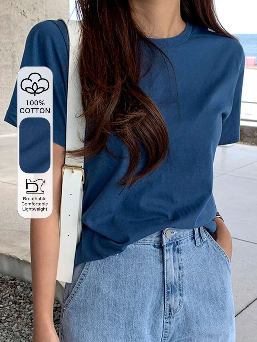 DAZY Áo thun trơn cổ tròn thường ngày mùa hè - Màu xanh lam - Xem 1