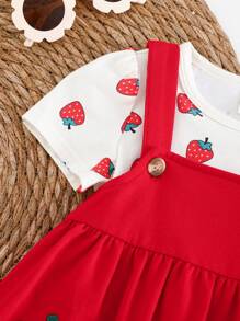 Cozy Pixies 2pcs/Set Baby Girl Strawberry Pattern Knit Soft Round Neck Short Sleeve Pullover Top And Strap Overall Dress - Red - View 3