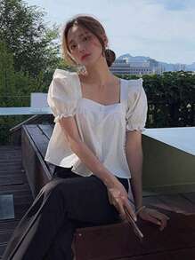 DAZY 纯色纽扣前方领泡泡袖衬衫，娃娃装上衣 - 白色 - 查看 5