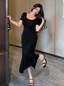 DAZY 纯色露背蝴蝶结中长连衣裙，女士舞会礼服，优雅太阳裙 - 黑色 - 查看 8