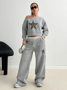 CasuGlow Women's Oblique Shoulder Sweatshirt And Contrast Waistband Drawstring Long Pants, Leopard Print And Star Patch Design, Casual Street Style 2 Piece Set Tracksuit - Grey - View 1