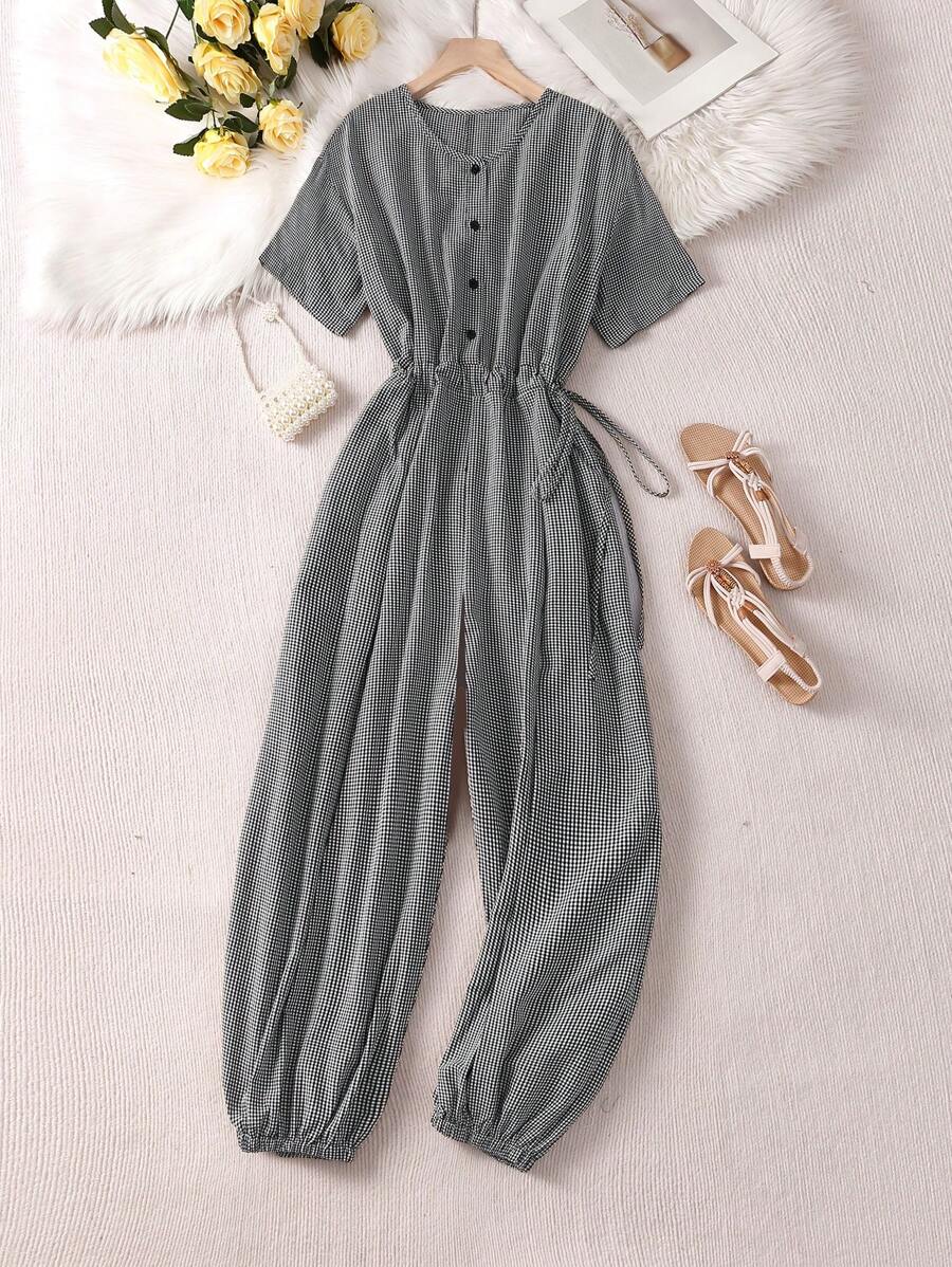 SHEIN LUNE Women's Plaid Button Decor Round Neck Short Sleeve Casual Jumpsuit - Black and White - View 1