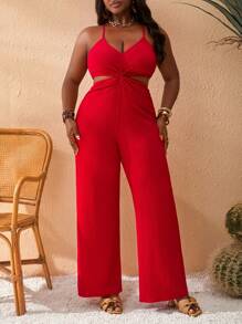 Slaydiva Plus Size Women Casual Vacation Solid Color Spaghetti Strap Hollow Out Jumpsuit - Red - View 7