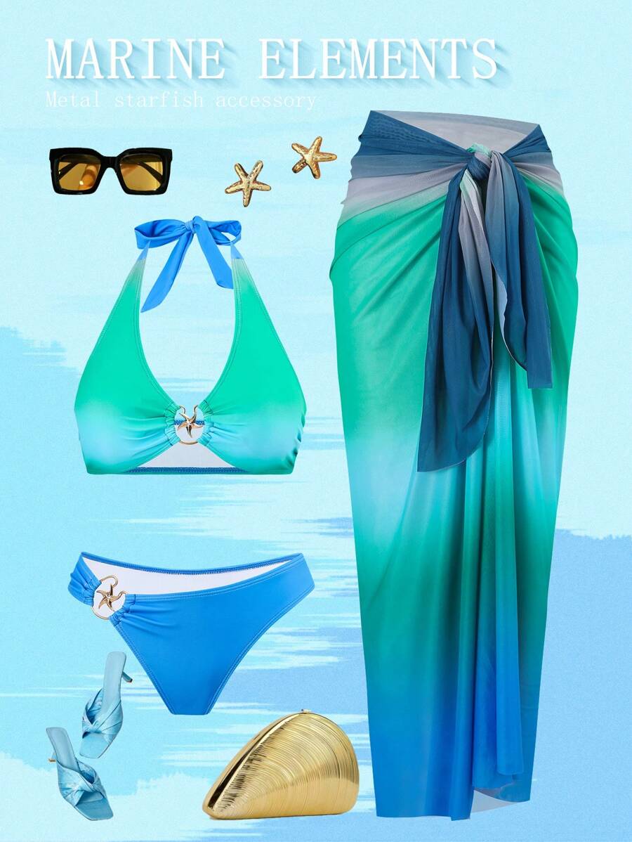 SHEIN Swim Oasis Plus Size 3-Piece Swimwear Set: Starfish Accent Multi-Color Placement Print Swim Cover-Up For Women, Summer Beach Vacation - Multicolor - View 1