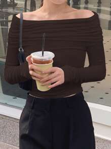 DAZY 女式露肩褶饰垂坠长袖 T 恤，适合春秋季节，返校服装