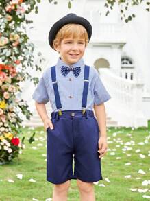 SHEIN 男小童領結條紋襯衫和背帶短褲