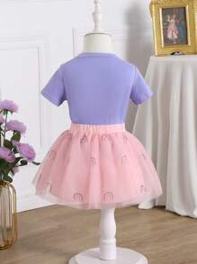 Baby Girls Sweet Unicorn Print Knitted Short Sleeve Top And Embroidered Rainbow Skirt 2 Pieces Set, Summer - Pink - View 3