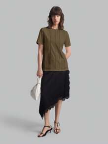 Ontre 2026SS New Solid Color Minimalist Daily Wear, Women's Round Neck Short Sleeve T-Shirt, Khaki Short Sleeve, Casual Loose T-Shirt, Suitable For Valentine's Day, Summer Clothing, Business Casual, Female Vacation Beach Birthday Party, Teacher Outfit, Basic Top Back To School - Brown - View 8