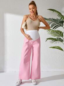 SHEIN 孕妇可调节腰部撞色宽松阔腿牛仔裤 - 粉色 - 查看 5