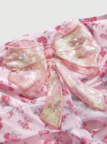 ROMWE Fairycore Women's Retro Palace Style Romantic Ditsy Floral Sequined Ruffle Hem Bud Mini Dress - Pink - View 6