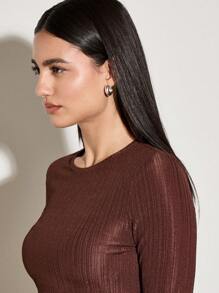 AiiRZ Ribbed Knit Godet Mini Dress Long Sleeve Fall Winter Bodycon A-Line Flare Bottom Party Club Night Out Special Occasion Statement Fashion - Brown - View 5