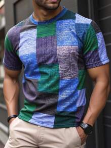 Manfinity Homme Camiseta casual de cuello redondo de manga corta con estampado patchwork para hombre de talla grande - Multicolor - Ver 1