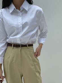 DAZY Solid Button Front Shirt,Long Sleeve Tops - White - View 6