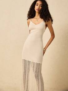 Poéselle 女式蕾丝下摆优雅细肩带中长连衣裙，女士度假装，春假装，度假太阳裙，海滩度假装，太阳裙 - 杏色 - 查看 5