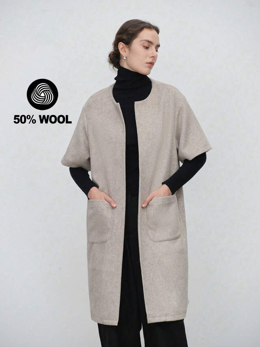 SHEIN LUNE Áo khoác cardigan nữ ve be tay 3/4 bỏ túi chính hãng - Lạc đà - Xem 1