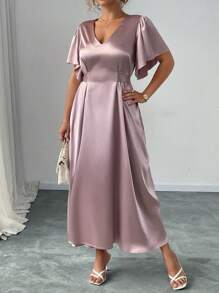 Elenzga Plus Size Women V-Neck Ruffle Sleeve Satin Reversible Dress - Champagne - View 1