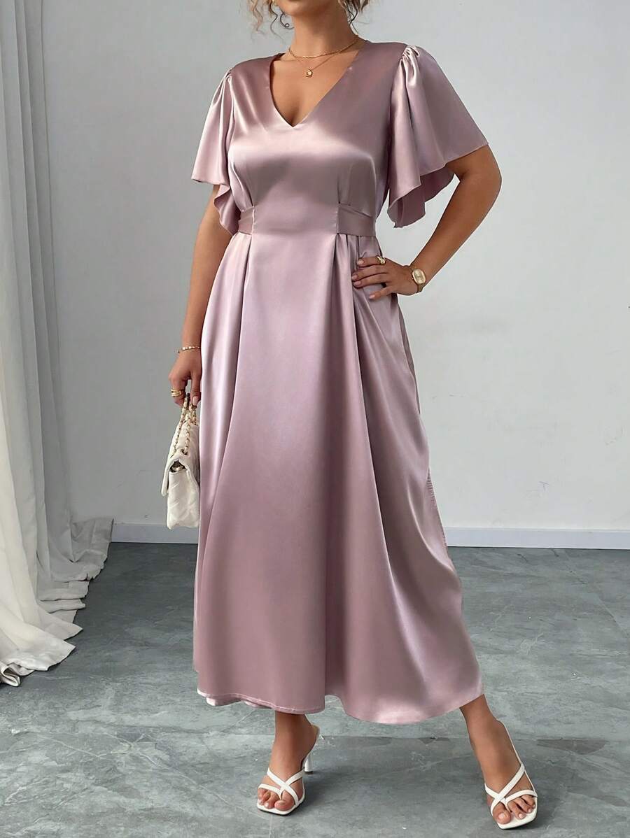 Elenzga Plus Size Women V-Neck Ruffle Sleeve Satin Reversible Dress - Champagne - View 1