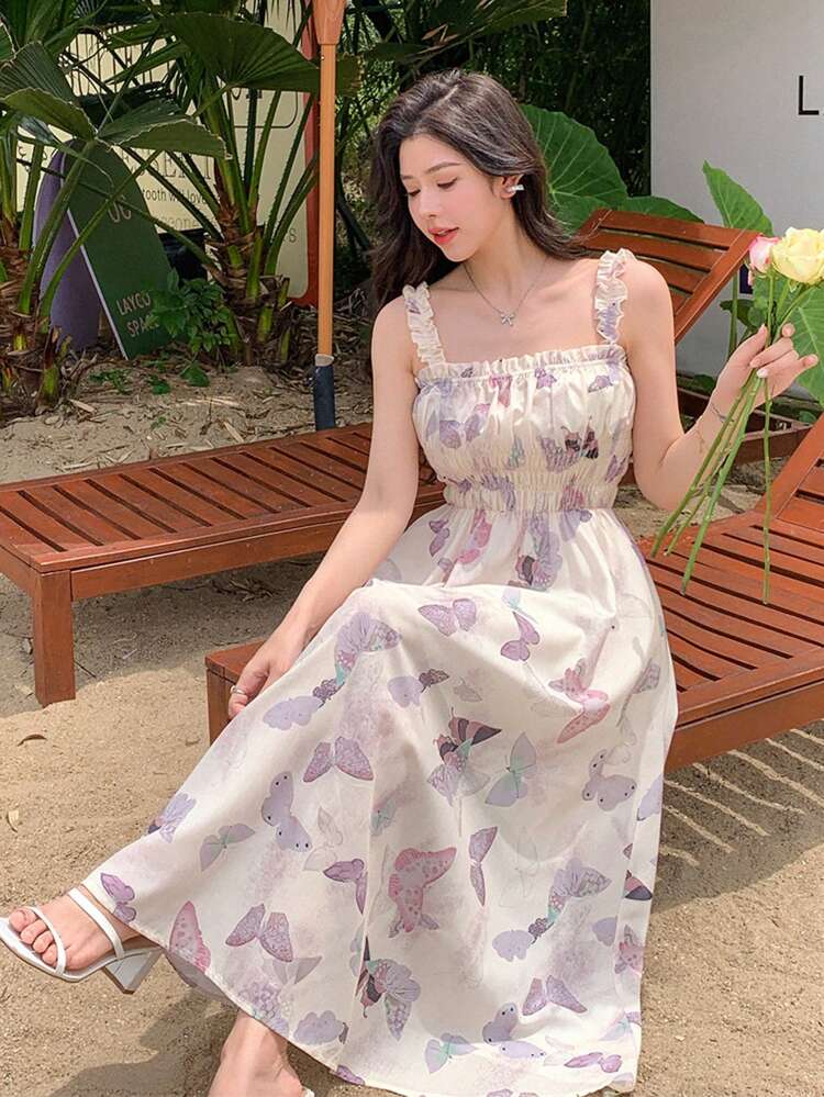 Women's Butterfly Printed Spaghetti Strap Dress With Cinched Waist, Summer Vacation Cruise Women Outfits Sundress Floral Maxi Dress Boho