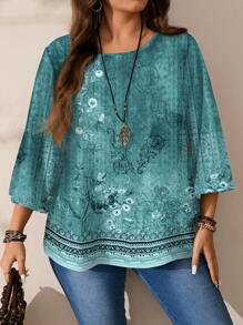 EMERY ROSE 大码女式休闲全印花圆领宽松 3/4 袖衬衫，秋冬款