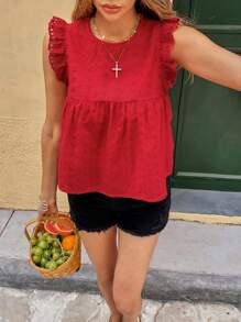 Chiquease 镂空荷叶边休闲衬衫，红色上衣 - 紅色 - 查看 2