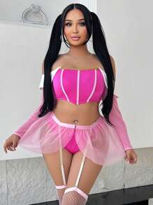 Plus Size Princess Costume 5 Pieces Set: Long Sleeve Colorblock Bustier Top, Waist Belt, Thigh High Stockings, Sexy Lingerie + Accessories
