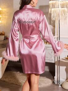 LuxeNights Bata de novia/dama de honor de seda sintética con bordado de letra decorada con peluche