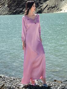 Layrah 休闲优雅长袖长裙，简约风格，适合日常穿着，卡夫坦和贾拉比亚，女士奢华晚礼服，端庄 - 粉色 - 查看 6