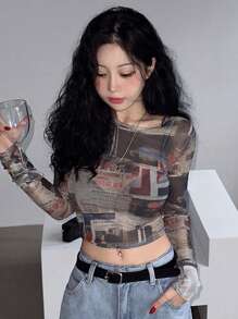 DAZY 女士网眼印花修身短款上衣，节日花朵度假海滩装，春夏长袖女上衣，秋季女装 - 彩色 - 查看 3