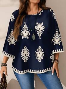 EMERY ROSE Plus Size Women Floral Retro Print Casual Loose Fit Three Quarter Sleeve Round Neck Shirt, Autumn/Winter