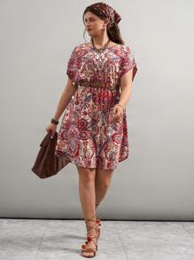 SHEIN LUNE Summer Dresses For Women Plus Size Retro Print Bat-Wing Sleeve Cinched Waist Midi Dress New Years Women Outfit Vacation Outfits Woman Summer Outfits For Women Burgundy Dress Valentine Day Dress Vacation Dresses Short Dresses - Multicolor - View 6