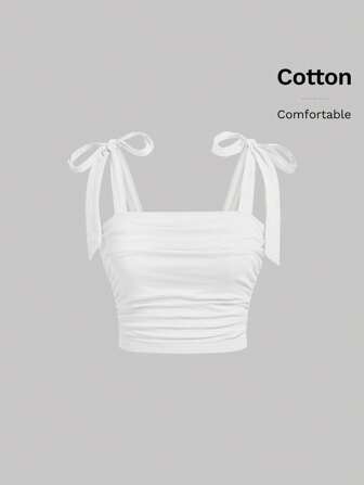 SHEIN MOD White Bow Summer Solid Tie Shoulder Cami Top