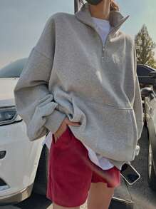DAZY Half Zip Drop Shoulder Oversized Sweatshirt,Fall Women Clothes - Light Grey - View 7