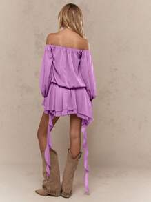 MISSGUIDED 露肩荷叶边下摆波西米亚风夏季迷你连衣裙，长袖巴多节飘逸设计连衣裙，适合春季假期穿着 - 紫丁香色 - 查看 2