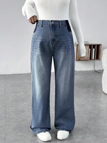 SHEIN Maternity Casual Loose Wide-Leg Blue Jeans Women Baggy Jeans Casual Loose Wide Leg Pants Blue Women's Jeans Thanksgiving Women Wide Waist Mom Jeans - Blue - View 4